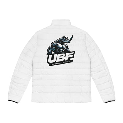 Men's UBF Rhino Puffer Jacket (White) — Quilted Beast-Back Print