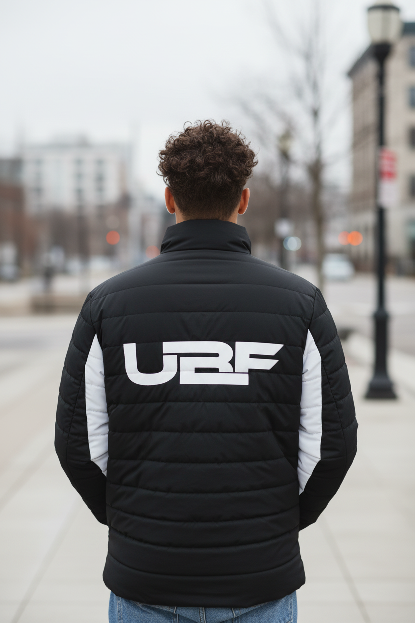 Person wearing a black and white jacket with 'URF' logo on the back against a white background