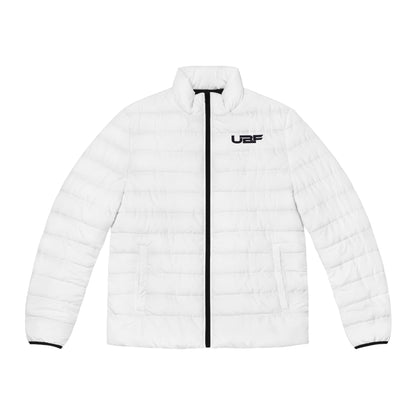 Men's UBF Rhino Puffer Jacket (White) — Quilted Beast-Back Print