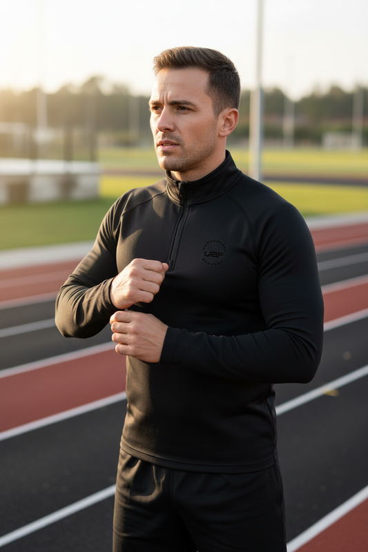 Man adjusting his black athletic jacket on a track field during sunset.
