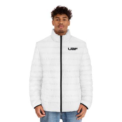 Men's UBF Rhino Puffer Jacket (White) — Quilted Beast-Back Print