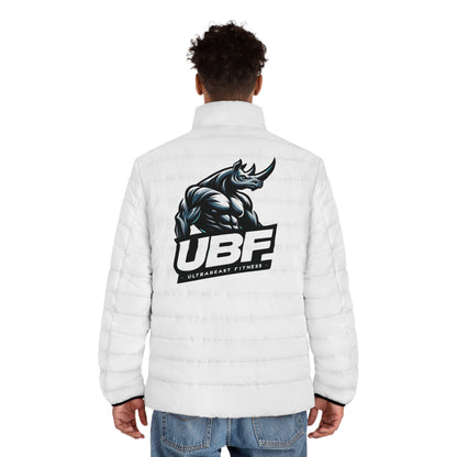 Men's UBF Rhino Puffer Jacket (White) — Quilted Beast-Back Print