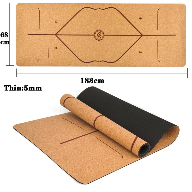 183X68cm Natural Cork TPE Yoga Mat For Fitness 5mm Sports Mats Pilates Exercise Pads Non-slip Yoga mats With Position Body Line