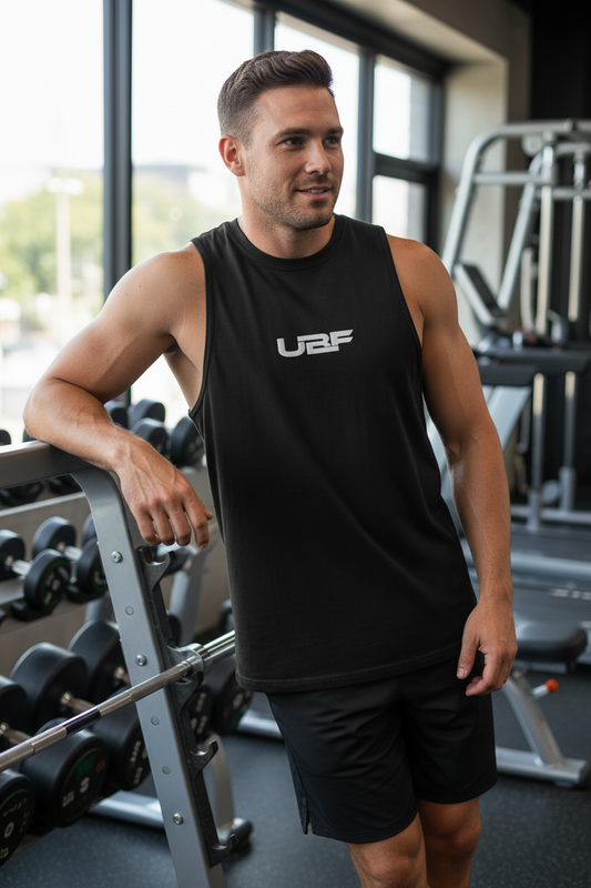 Man wearing a black sleeveless shirt with 'UBF' logo in a gym setting