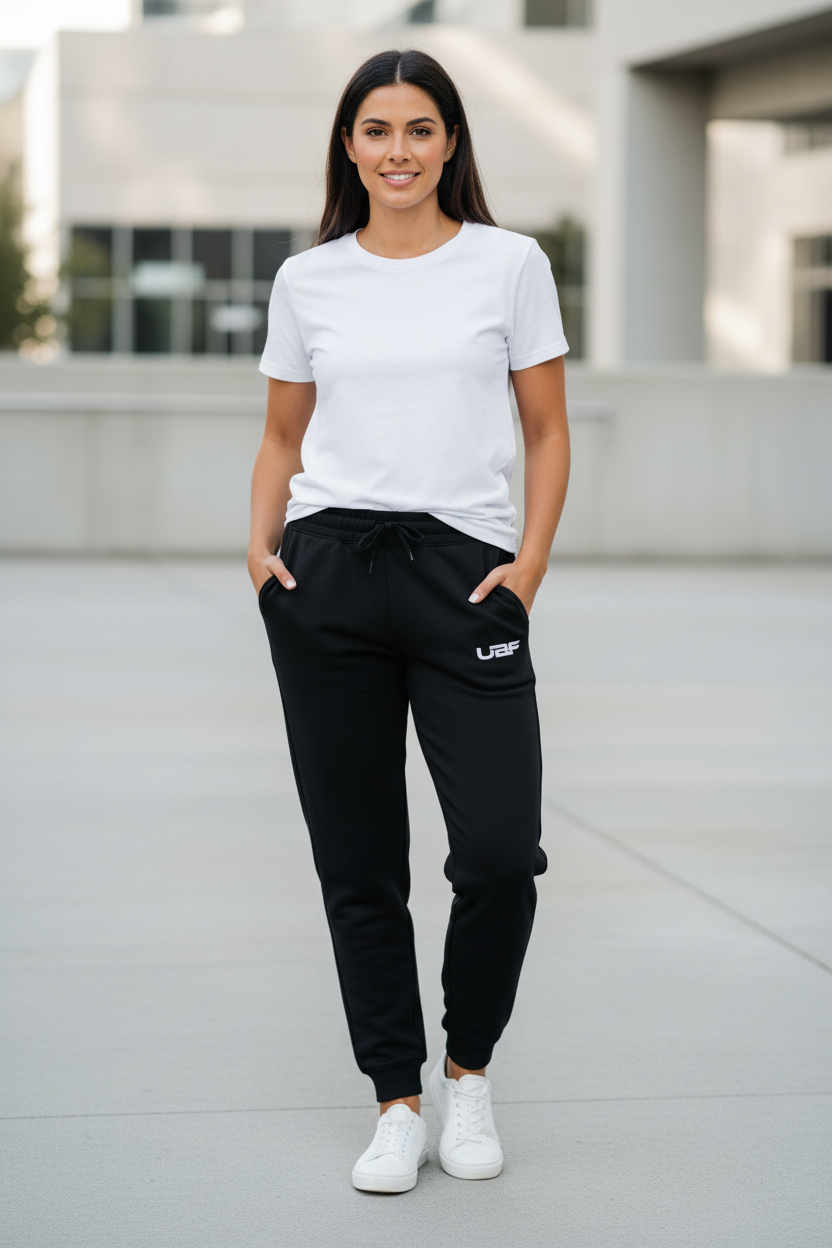 UBF White Embroidered Fleece Sweatpants — Cuffed Joggers