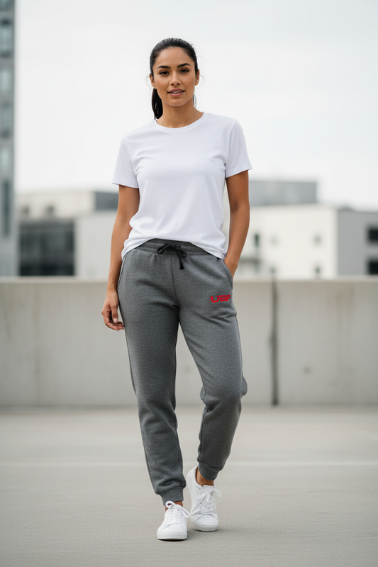 UBF Red Embroidered Fleece Sweatpants — Unisex Cuffed Joggers