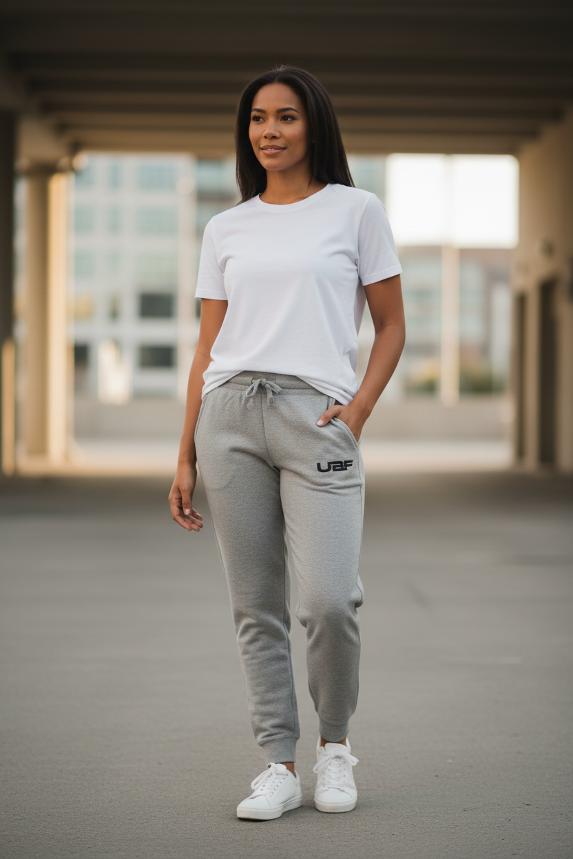 Woman wearing a white t-shirt and gray jogger pants with a brand logo, standing outdoors.