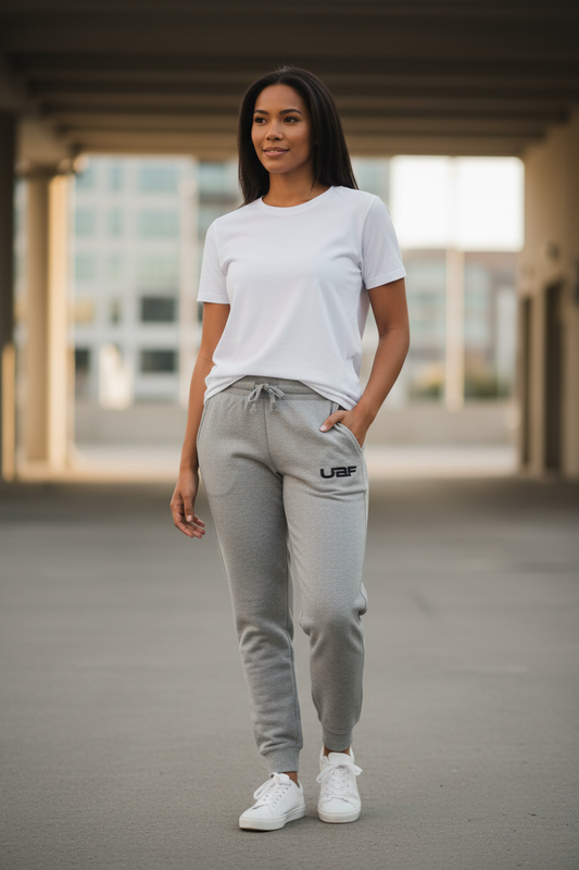 Woman wearing a white t-shirt and gray jogger pants with a brand logo, standing outdoors.