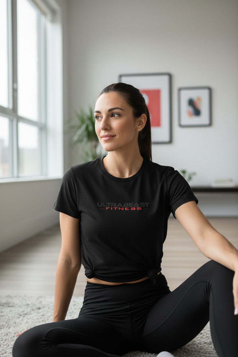 Woman sitting on the floor wearing a black 'Ultra Beast Fitness' t-shirt in a room with large windows.