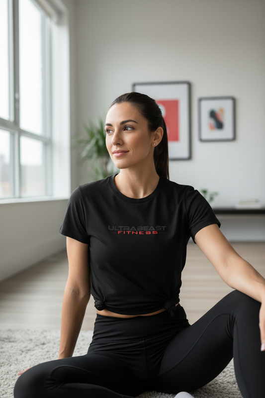 Woman sitting on the floor wearing a black 'Ultra Beast Fitness' t-shirt in a room with large windows.