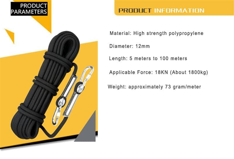 Professional Climbing Cord 12mm Diameter Length 10-100m 18KN High Strength polypropylene Paracord Safety Rope with 2pcs Buckle.