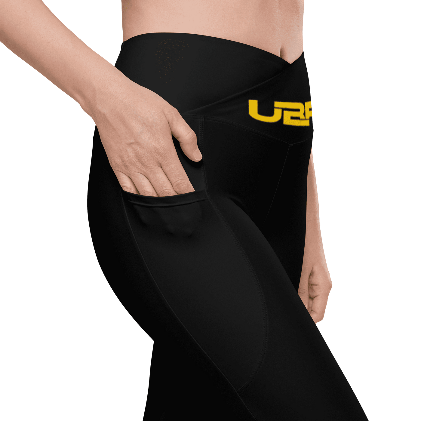 Blac and gold Crossover leggings with pockets.